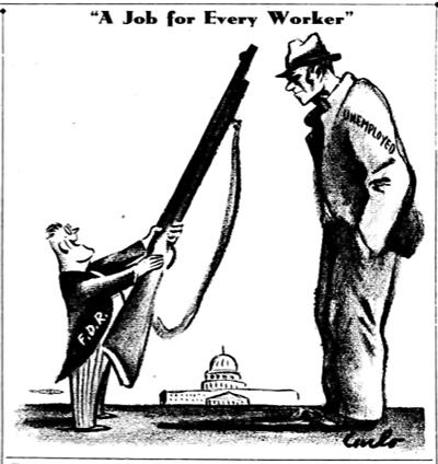 Cartoon in Socialist Appeal, precursor of Militant, graphically shows how Franklin D. Roosevelt’s New Deal developed into the war deal as U.S. rulers headed into second imperialist world war, fought for imperialist dominance.