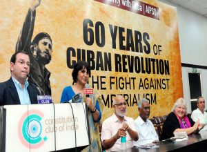 Fernando González, speaking at July 24 event in solidarity with Cuba in New Delhi.