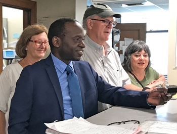 Malcolm Jarrett, center, Socialist Workers Party candidate for Pittsburgh City Council, filed to get on ballot July 30, with supporters. “We need to build a movement independent of the two capitalist parties, that fights to advance the working class to take power,” Jarrett says.