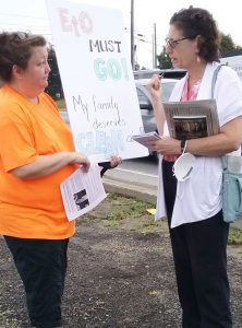 Rachele Fruit, right, SWP candidate for Atlanta School Board, talks with Judy Renfold at Aug. 2 protest against pollution by Sterigenics plant in Smyrna, Georgia.