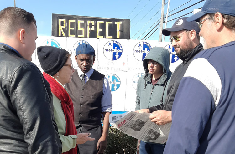 From left, Pierre-Luc Filion, Communist League candidate in Montreal; Alyson Kennedy, Socialist Workers Party 2016 candidate for president; and Malcolm Jarrett, SWP candidate for Pittsburgh City Council, visit United Steelworkers on strike at Galvano plant in Quebec Oct. 10.