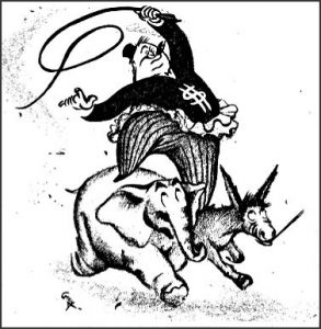Cartoon from July 29, 1944, Militant depicts big capital cracking whip astride an elephant and donkey, symbols of Republicans and Democrats. 