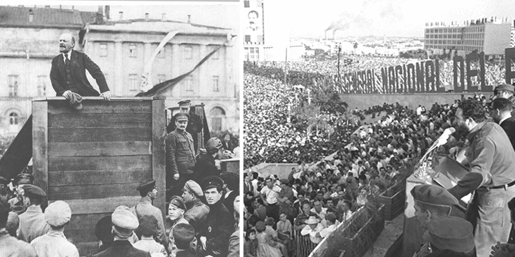 Bolshevik leader V.I. Lenin, left, speaking in Moscow in 1920 and Fidel Castro, right, addressing mass rally in Havana in 1962. Russian and Cuban Revolutions, two great proletarian revolutions of the 20th century, made key contributions to the development of internationalist working-class program and strategy.