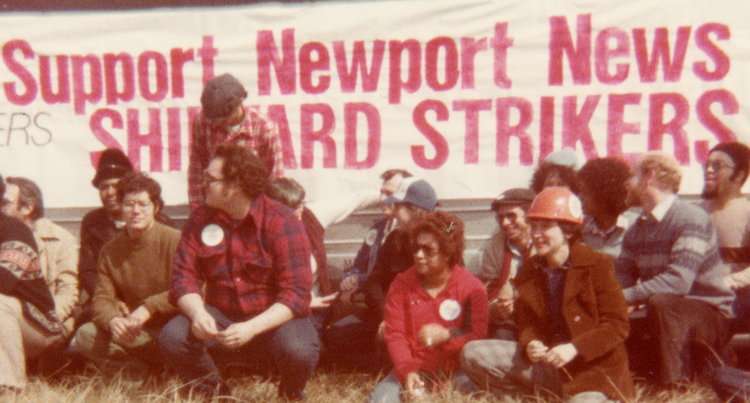 Top, port drivers rally October 2018 to win recognition of Teamsters as their union and to defend immigrant workers facing deportation. Above, two busloads of workers from Sparrows Point steel plant in Baltimore, including socialist workers who helped organize caravan, joined March 1979 rally of 3,500 in Newport News, Virginia, to back strike for recognition of Steelworkers Local 8888 at Tenneco shipyards. Fight registered gains of working class and unions from Black rights victories in South. Inset, strikers picket shipyard February 1979.