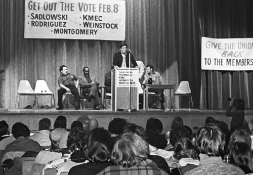 Above, Ed Sadlowski, Steelworkers Fight Back candidate for union president, speaks at Detroit rally, Feb. 5, 1977. Ranks used campaign to seek control over their union and end to USWA officials’ connivance with steel bosses.