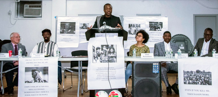 Panelists at “Legacy of Thomas Sankara” meeting held Dec. 8 in Harlem. From right, Boukary Sawadogo, professor at City College of New York; Issa Zoungrana, representative of Stand for Life and Liberty; Inem Richardson, student at Barnard College; chairperson Boukary Salogo; Basninwende Isonore Dianda, grade school teacher in Harlem; and Peter Thierjung, Socialist Workers Party.