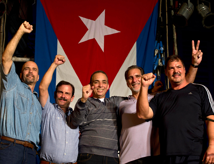 Cuban Five in Havana, Dec. 20, 2014, after up to 16 years in U.S. prison. From right, Ramón Labañino, René González, Antonio Guerrero, Fernando González and Gerardo Hernández. They won freedom with support of the Cuban people and an international “jury of millions.”