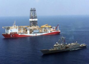 Oil driller escorted by Turkish naval frigate in eastern Mediterranean Aug. 6. Rebel forces led by Khalifa Haftar, backed by Cairo, Paris and now Moscow, have besieged the U.N.-backed government in Tripoli, armed by Turkey and Qatar, escalating oil-fueled civil war in Libya.
