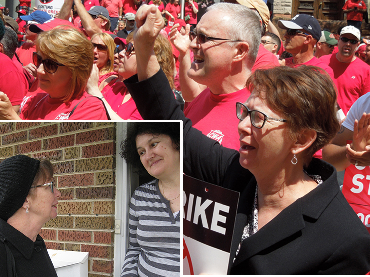 Alyson Kennedy, above, Socialist Workers Party candidate for president in 2016, at rally of striking Verizon workers in Trenton, New Jersey, during campaign. SWP’s 2020 campaign offers road of uncompromising working-class struggle as political crisis grips the bosses’ two parties. Inset, Kennedy talks with Bojka Milanovich at her home in Elmhurst, Illinois, in 2016.