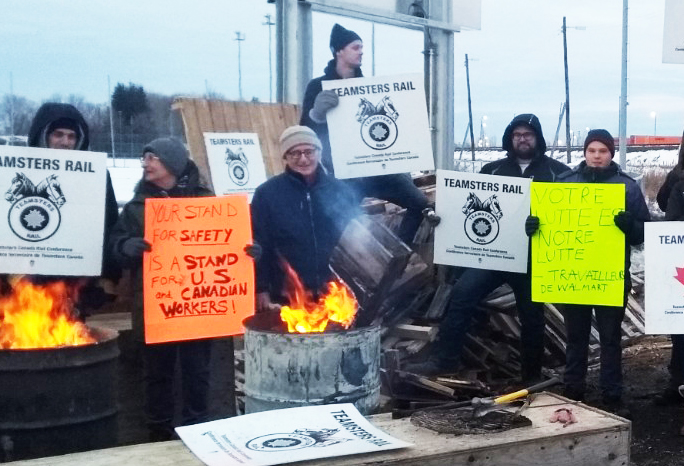 Canadian National Railway Teamsters picket in Quebec City, Nov. 24, 2019, during eight-day “strike for safety” last fall fighting for rail workers and surrounding communities.