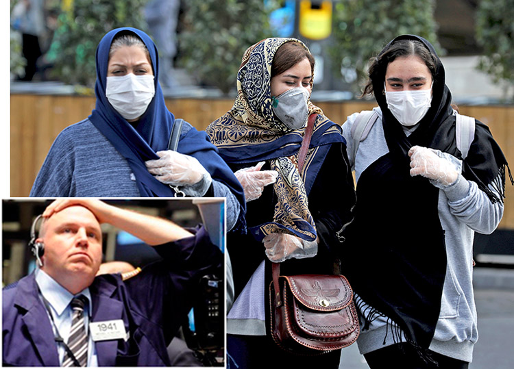 Above, women in Tehran wear masks Feb. 23 after coronavirus outbreak, which has taken over 50 lives in Iran. Inset, trader on New York Stock Exchange. Shares slumped on reports disease has spread to Iran, northern Italy, more as world economy slows.