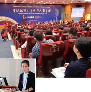 Above, Guangzhou, China, Nov. 9, 2019, opening session of International Society for the Study of Chinese Overseas conference. Inset, Mary-Alice Waters, speaking on conference panel. “The lessons of the Cuban Revolution are especially important in today’s world of deepening capitalist crisis,” she said.