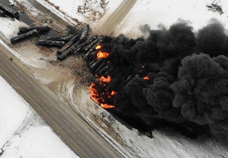 Derailed Canadian Pacific oil train burns near town of Guernsey, Saskatchewan, Feb. 6.