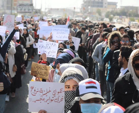 Feb. 11 march in Basra, Iraq, one of many across country challenging government and pro-Tehran militia attacks on protest encampments in Baghdad and other southern cities.