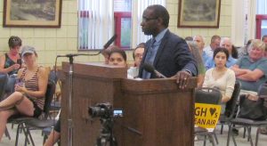 Malcolm Jarrett, SWP candidate for vice president, tells July 30, 2019, hearing that workers need to fight for control of production to stop U.S. Steel pollution from Clairton plant in Pennsylvania.