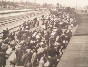 Picture on display at New York exhibit on Holocaust shows train delivering Jews and others to Auschwitz death camp in Poland. One million Jews were killed in gas chambers there.