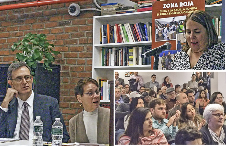 Inset, March 7 New York meeting, featuring book on Cuba’s role in fighting Ebola in West Africa. Above, from left, Martín Koppel and Mary-Alice Waters, co-editors of book, and Ana Silvia Rodríguez, Cuban ambassador.
