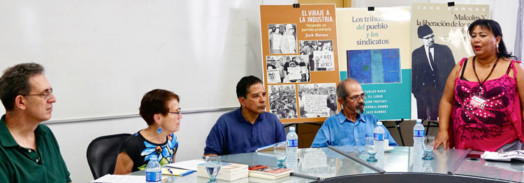 Meeting at Central Organization of Cuban Workers (CTC), Feb. 20. From left: Pathfinder editor Martín Koppel; Socialist Workers Party leader Mary-Alice Waters; Pathfinder editor Róger Calero; Silvio Jova, CTC magazine editorial board; and Caridad Cabrera, CTC’s Americas Department. Inset, Ismael Drullet, CTC international relations secretary. “In the most powerful capitalist country in the world, there are people explaining the need for a socialist revolution,” said Jova.