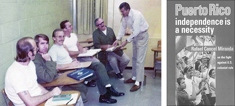 Rafael Cancel Miranda teaching Spanish to fellow inmates in Marion prison in Illinois in 1975. He worked with political prisoners and other workers behind bars to defend their rights and deepen their humanity. At right, Cancel Miranda pamphlet available at pathfinderpress.com.