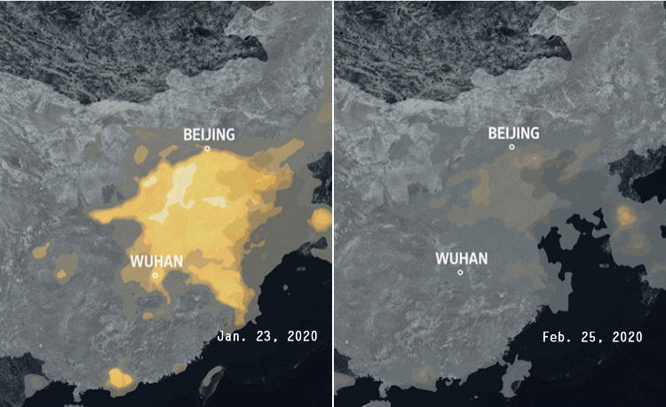 Des images satellites de la NASA montrent la pollution sur la Chine avant les mesures drastiques prises contre le coronavirus, le 23 janvier. Le ciel clair un mois plus tard reflète l’importante baisse de la production industrielle.