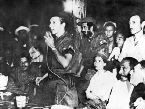 In address to congress of peasants near Rebel Army’s Second Front headquarters in eastern Cuba, Sept. 21, 1958, Raúl Castro explains July 26 Movement’s revolutionary program — taking land out of hands of big landholders and distributing to all those who work it.