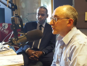 SWP vice presidential candidate Malcolm Jarrett, left, and David Rosenfeld, U.S. Senate candidate in Minnesota, during KFAI radio interview with them and Alyson Kennedy. It airs April 10.