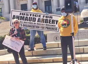 Candace Wagner, Socialist Workers Party candidate for U.S. Congress in New Jersey, speaks at May 13 protest in Newark against vigilante killing of Ahmaud Arbery in Georgia.