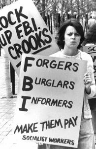 Picket protests FBI spying against labor, political activity in September 1976. SWP exposed, beat back capitalist rulers’ political police with successful political, legal campaign.