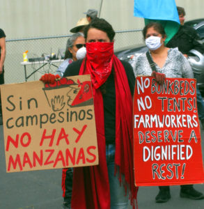 Farmworkers organized caravan to Olympia, Washington, May 1, demanding recognition of rights. Placard on left says, “Without farmworkers, there are no apples.”