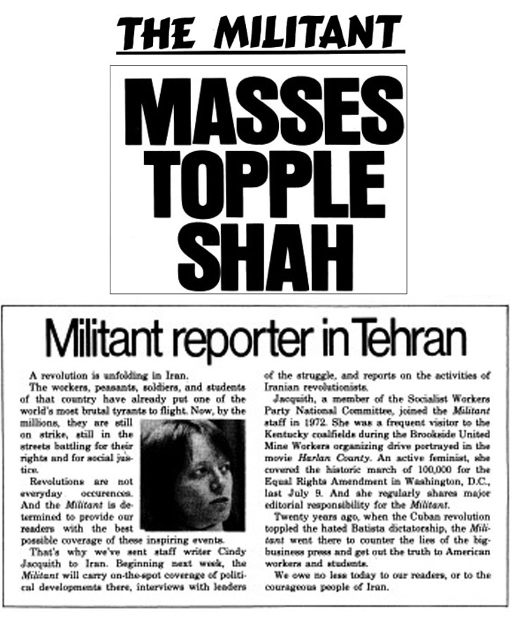Jan. 26, 1979, <i>Militant</i> headline describes mass mobilizations by working people in Iran that brought down hated regime of the shah. The next week Cindy Jaquith is in Iran to cover unfolding revolution.