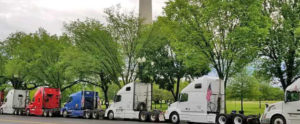 Truckers’ rigs parked near Capitol in Washington D.C., May 1, after rolling “Mayday” protests over squeeze between rising costs and cuts of up to half in payments by brokerage companies, exploiting truckers’ competition for freight jobs.