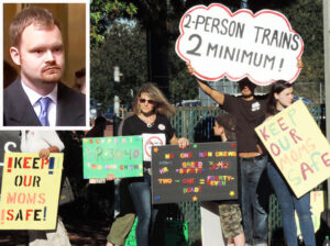 July 2014 Seattle protest against rail bosses’ plans to impose one-man crews. Inset, Brandon Bostian, Amtrak engineer. Government is trying a third time to scapegoat Bostian for 2015 Philadelphia train crash, to take eyes off real source of problem — rail bosses’ drive for profits.