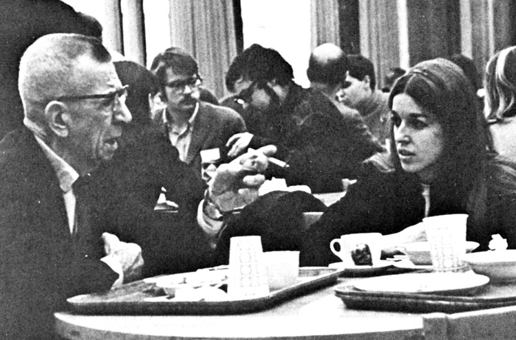 At 1968 Young Socialist Alliance convention Cheryl Goertz has lunch with Ray Dunne, a central leader of Teamsters union battles in Minneapolis in the 1930s and of the SWP.