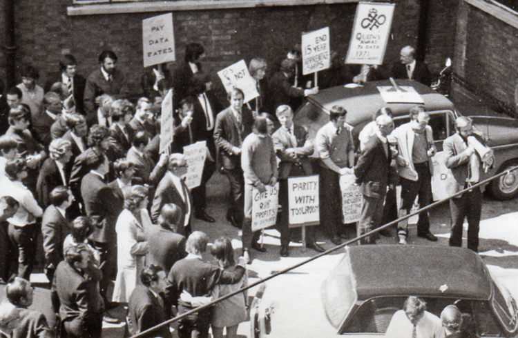 Frank Gorton, far right with bullhorn, was union spokesperson in 1969 demonstration for wage parity between skilled, unskilled workers at Raleigh bike factory in Nottingham, England.