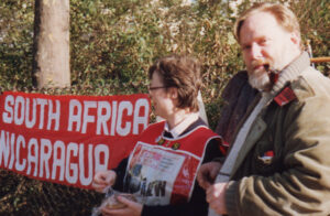 Toni and Frank Gorton at mid-1980 action in solidarity with Nicaraguan Revolution and growing fight against apartheid in South Africa.