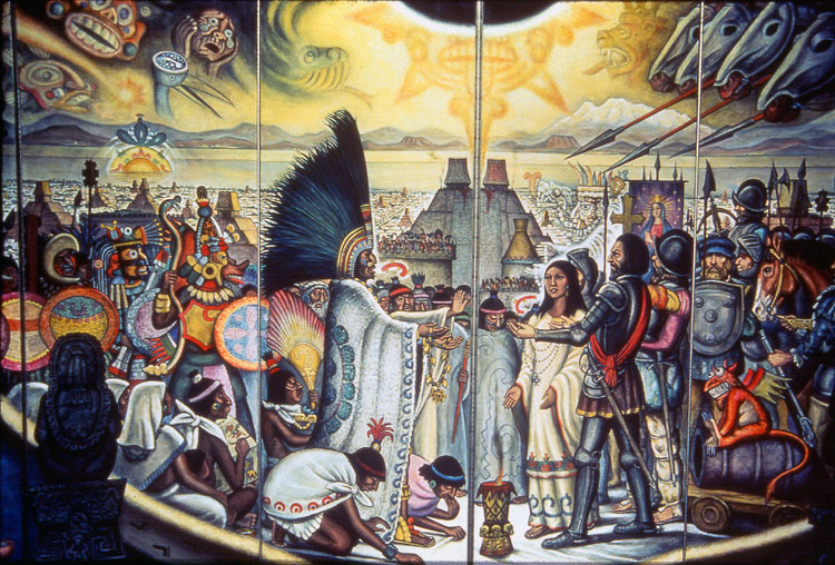 Folding-screen mural painted in 1976 by Mexican painter Roberto Cueva del Río depicts meeting between Aztec ruler Moctezuma II and Spanish conquistador Hernán Cortés some 500 years ago.