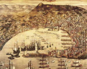 Reproduction of a painting of Genoa, Italy, in 1597, by Cristoforo Grassi. Genoa was a key European port at the time of Columbus’ voyages. Opening of Americas paved the way for the rapid development of capitalism in Holland and England, while holding it back in Spain.