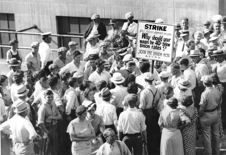 Strike by hosiery workers at Strutwear Knitting Co. in Minneapolis in 1935-36, one of militant struggles that built industrial unions in 1930s. Middle-class left dismisses as useless lessons of previous working-class battles in which workers transformed their conditions and themselves.