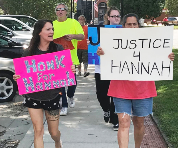 Jessica Fizer, left, leads protest July 25 demanding the cop who killed her cousin, Hannah Fizer, be prosecuted. Inset, Amy Fizer, Hannah’s mother, confronts Pettis County Sheriff Kevin Bond June 18, insists on release of name of cop who killed Hannah.