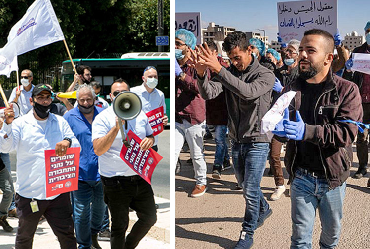 Left, Jewish, Arab bus drivers demand better work conditions, safety outside Israeli parliament in Jerusalem in July. Right, Ramallah, West Bank, protest against Palestinian Authority attack on Social Security, pensions in 2018. Workers across the region have common interests.