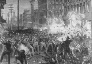 Troops attack strikers in Baltimore in 1877 general strike. Karl Marx called it “the first uprising against the oligarchy of capital since the Civil War.” From here, he pointed to the forces of the American socialist revolution — free labor, free farmers exploited by capital and freed slaves.