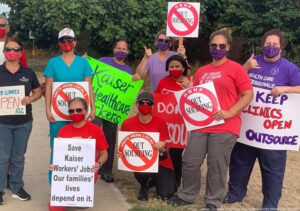 UNITE HERE Local 5 and Hawaii Nurses and Healthcare Professionals workers at Kaiser Wailuku in Hawaii rally in mid-October, protest boss plans to close departments, cut workers.
