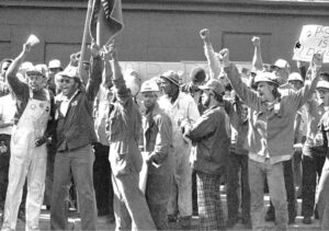 Steelworkers Local 8888 victory demonstration at Newport News, Virginia, shipyard in 1979. Drive led by Black workers to organize 18,000 there showed possibilities for organizing South.