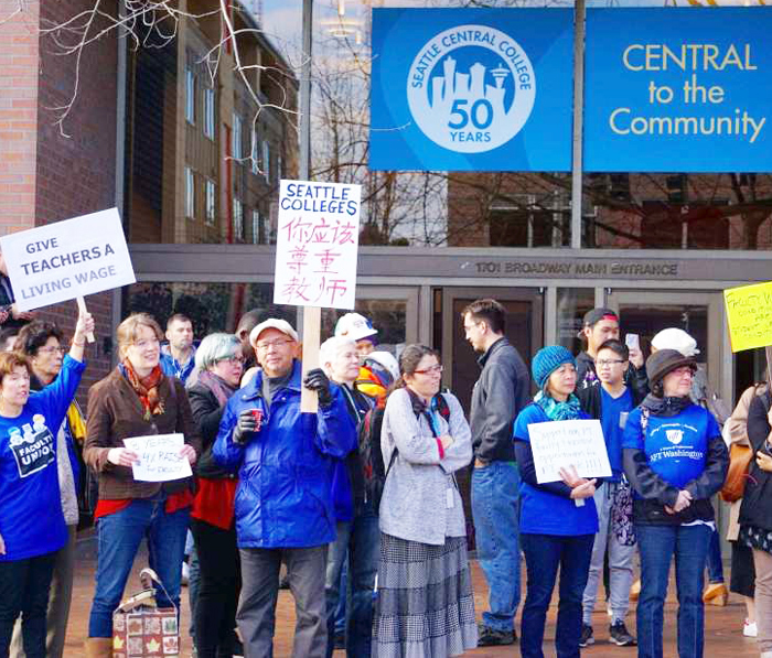 Members of AFT Local 1789 organized a walkout in 2016 during contract negotiations at Seattle Central Colleges. The local’s executive board wrote to support Socialist Workers Party’s fight to stop Washington state officials from publicly disclosing names and addresses of SWP electors. The union has been fighting its own battle against attempts by a notorious anti-labor group to use state disclosure laws to gain access to personal information on campus workers.