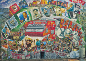Mural painted on wall of Pathfinder Press offices and print shop in New York in the late 1980s.