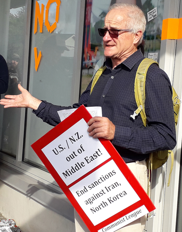 Patrick Brown, Communist League candidate in Panmure-Otahuhu in South Auckland, speaks at action opposing government threats against Iran.