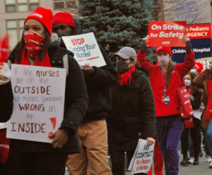 Members of New York State Nurses Association picket Albany Medical Center during Dec. 1 strike demanding more staff to ensure safety and for the health of patients, higher pay.