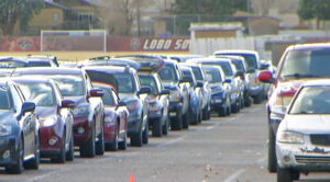 Hundreds of vehicles lined up outside Roadrunner Food Bank in Albuquerque Nov. 24 to get food for Thanksgiving.