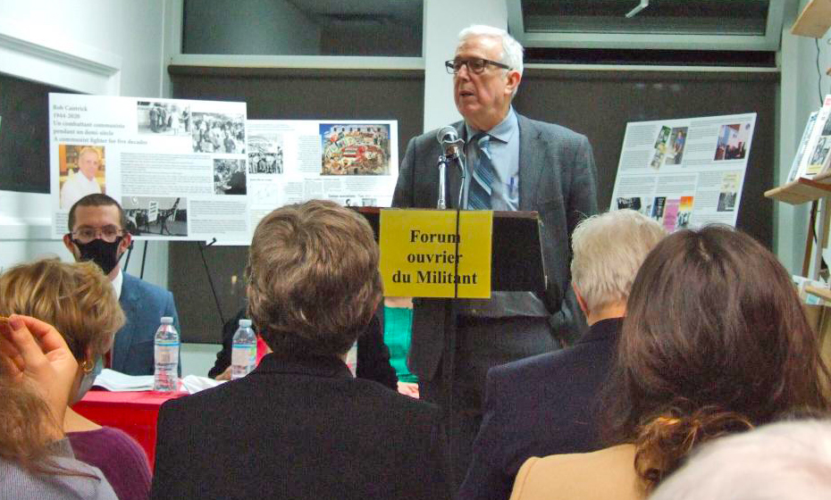 Above, Steve Penner, organizer of Communist League in Canada, speaks at Dec. 5 celebration of political life of Bob Cantrick held in Montreal. “Bob was won to the communist movement in the late 1960s under the impact of the Black rights, women’s liberation, anti-Vietnam War movements, and the Cuban Revolution, which points the way forward toward humanity’s socialist future,” Penner said. Inset, Cantrick working at Marley Cooling Tower in Kansas City, Missouri in 1990.