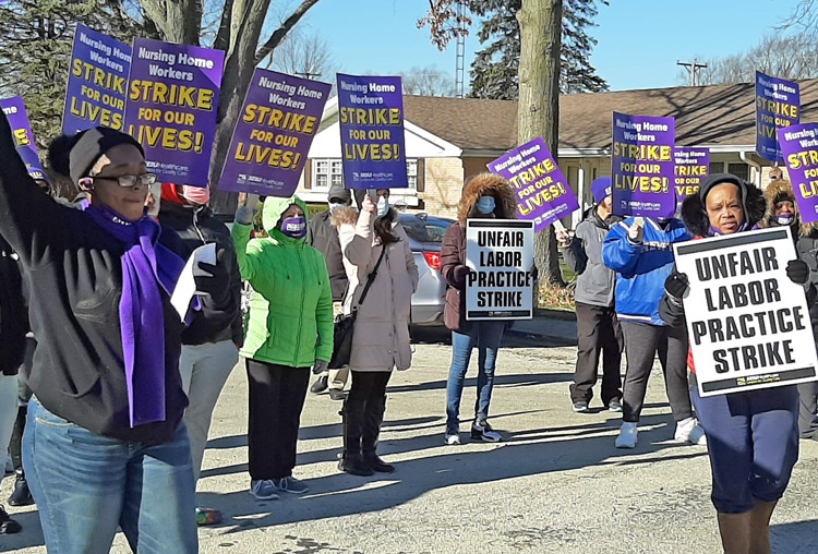 Nov. 28 strike picket line at nursing home in Momence, Illinois, one of 11 owned by Infinity Healthcare. Issues include pay and serious understaffing endangering both workers and patients.